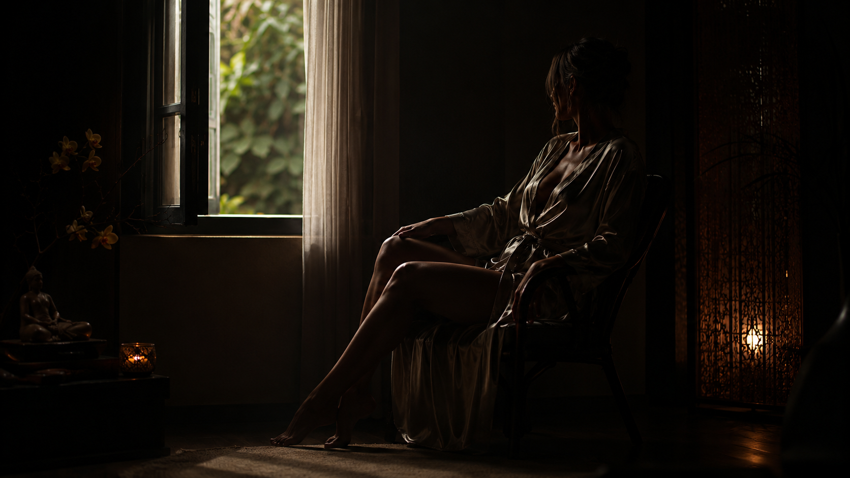 A softly lit private interior beside an open window